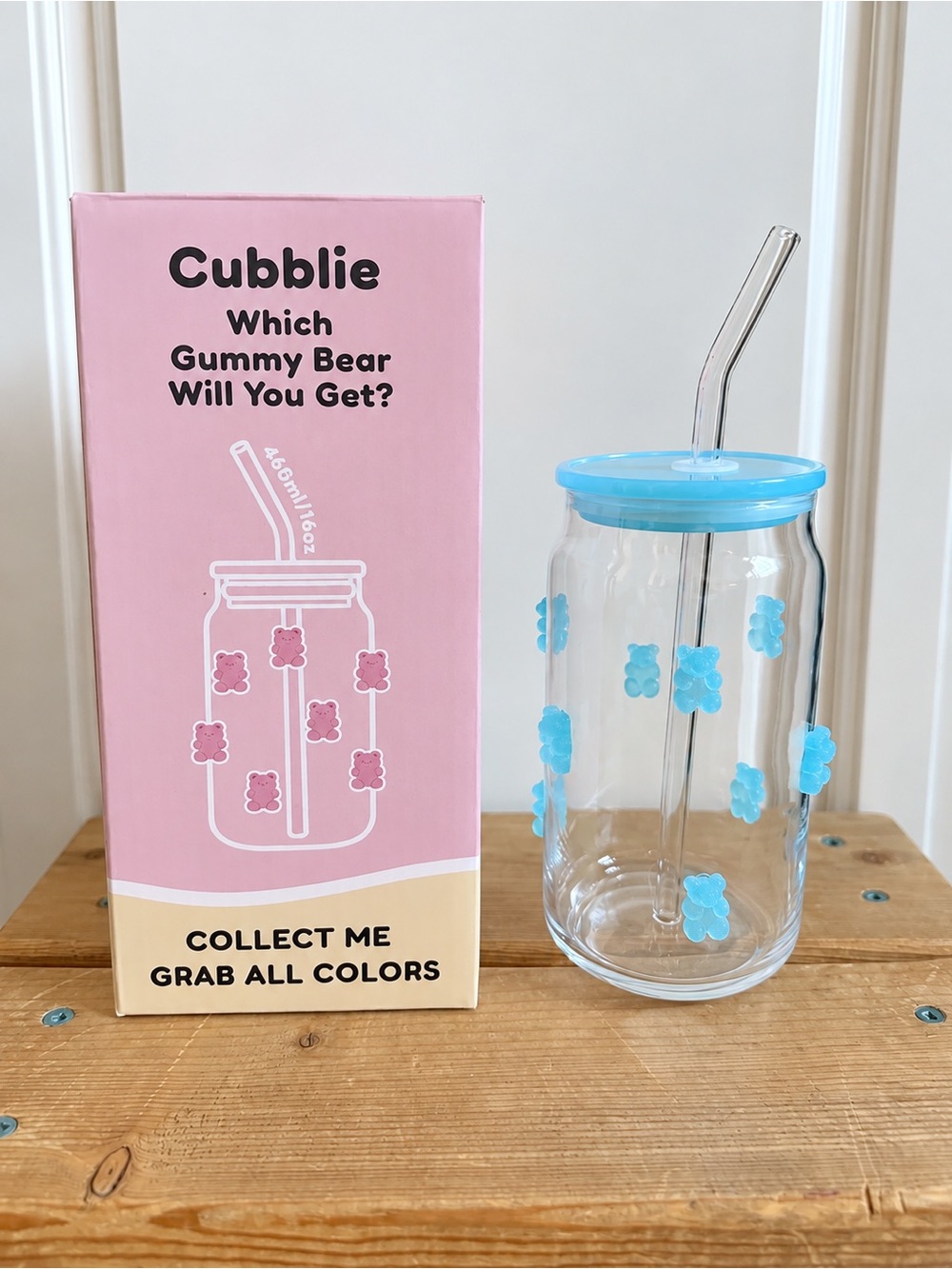 Cubblie Mystery Gummy Bear Glass Tumbler Blue 16oz Straw Cup